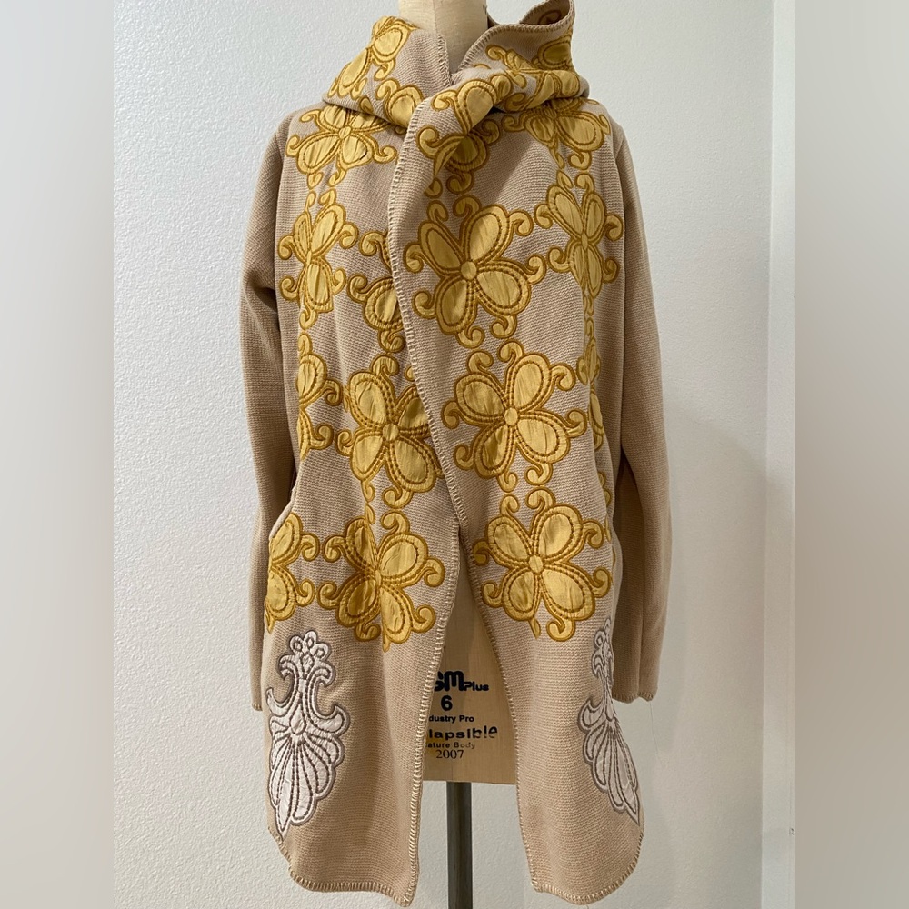Johnny Was BIYA Gold Kaia Applique Embroidered Hoodie Open Cardigan